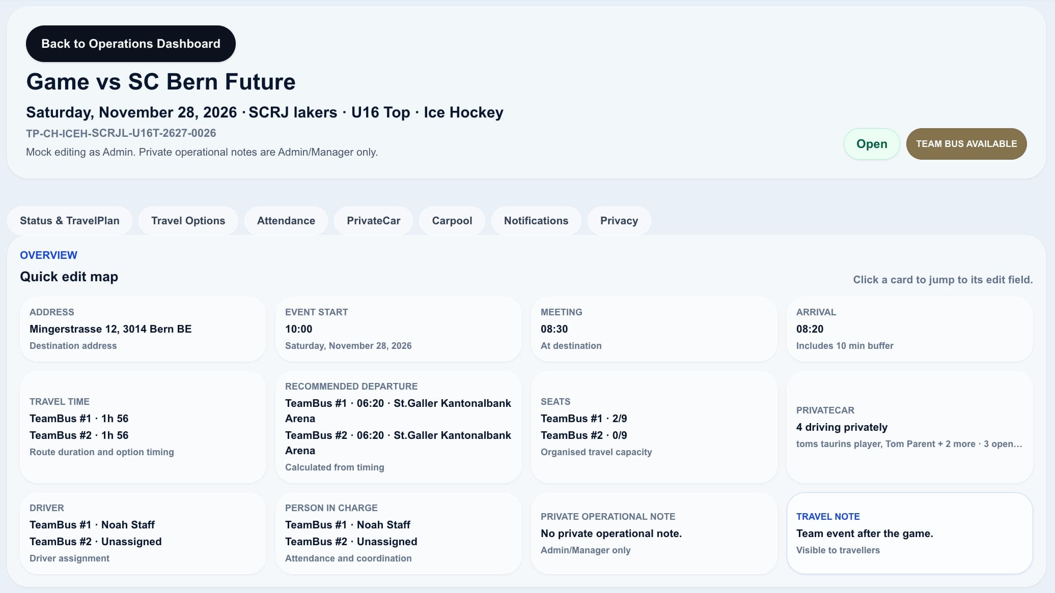 Admin TravelPlan overview and Quick edit map screenshot