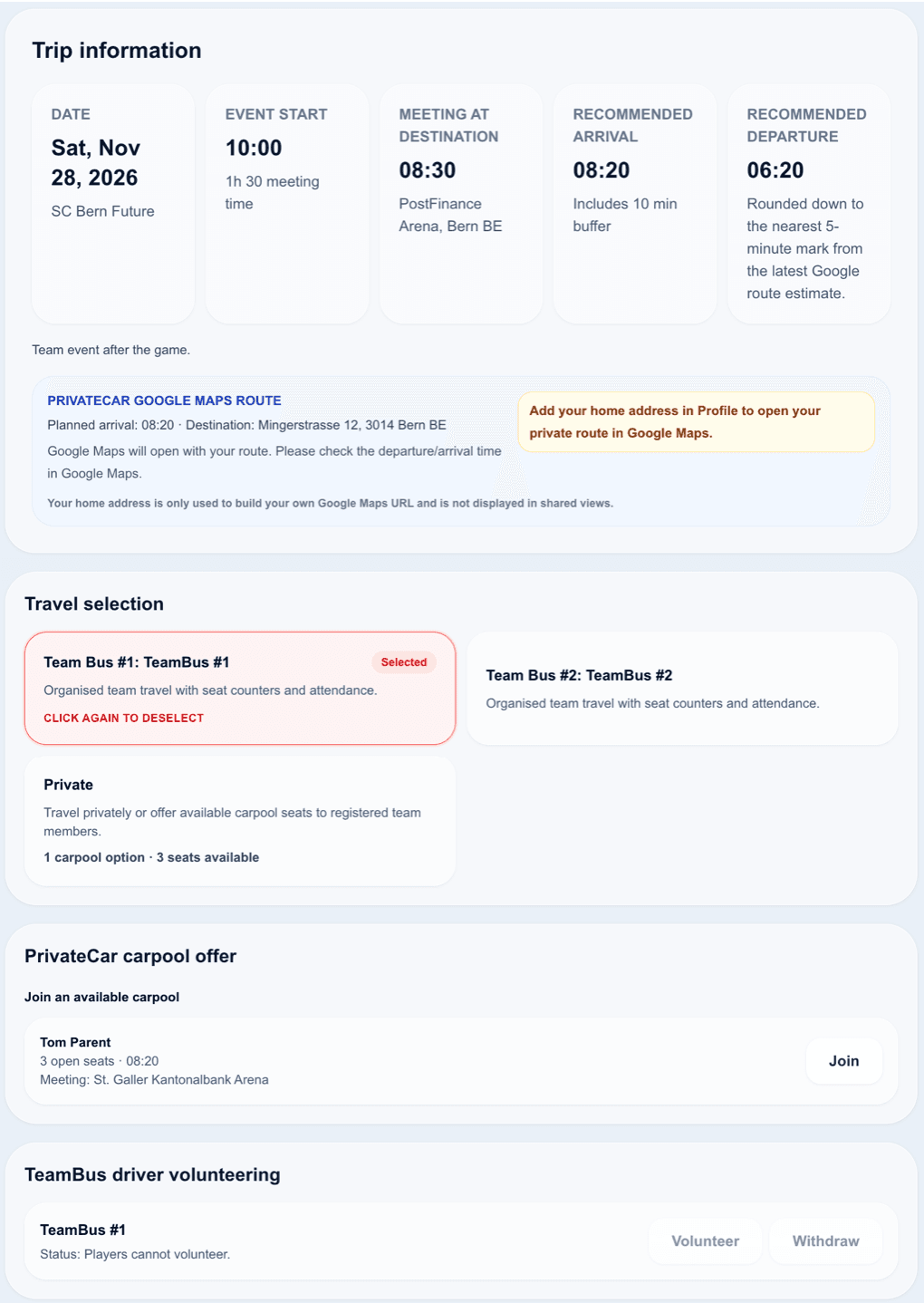 User trip information, travel selection and carpool screenshot